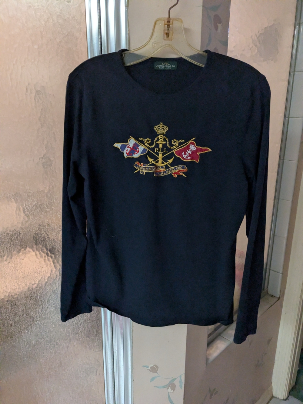LRL  Lauren Jeans Co Vintage  Navy Long Sleeve Embroidered Crest Cotton Top